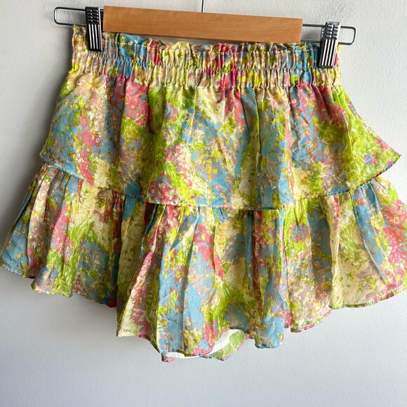 LoveShackFancy Ruffle Mini Skirt Women Sz P (XS) Yellow Pastel Fields Floral NWT - Picture 2 of 7
